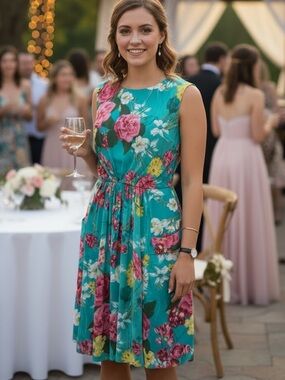 Evan Picone Floral Dress in Teal with Pink Roses Sleeveless Dress Sz 12